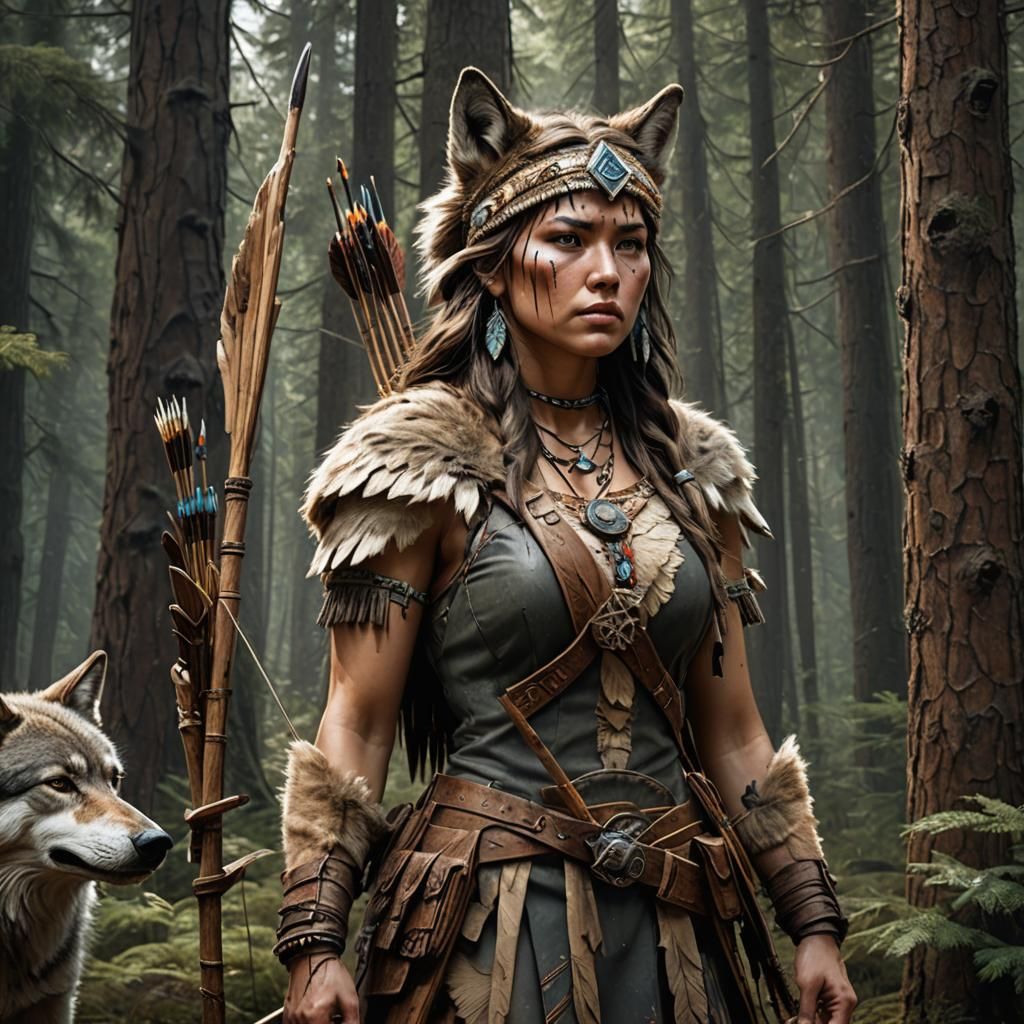 Native America Female, In full head dress, wooden bow and qu...