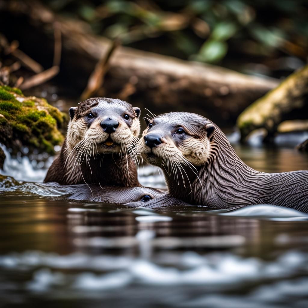 Otters playing in a stream.