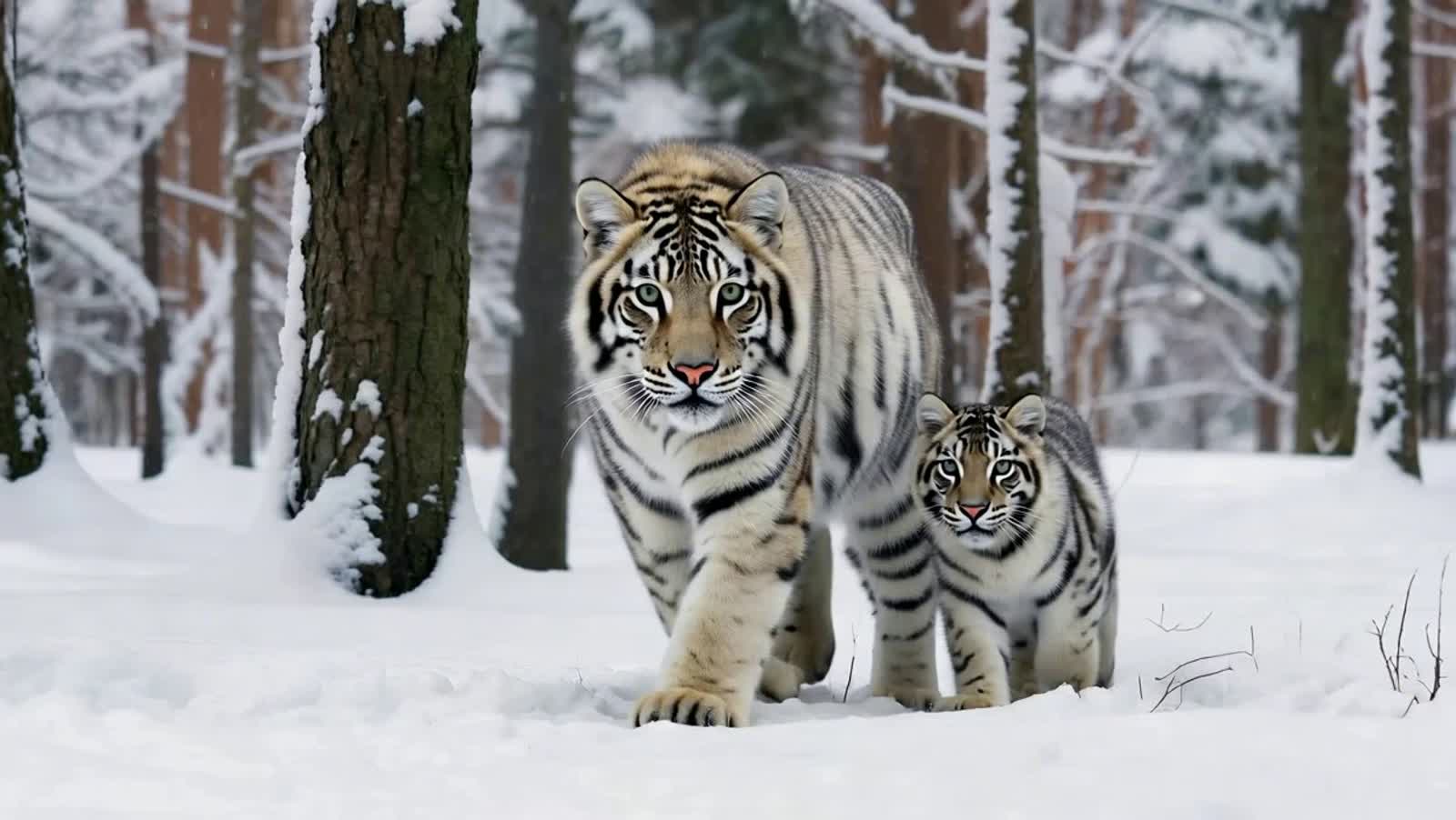 A snow tiger walking in the falling snow with her cubs. Tree covered in snow.