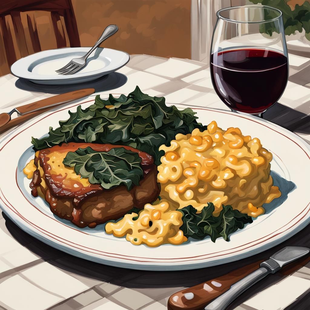 A plate with southern collard greens with smothered pork cho...