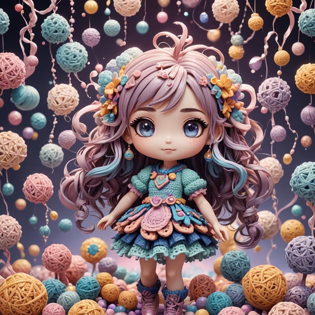 Pastel Crochet Chibi Girl: 3D Fantasy Art