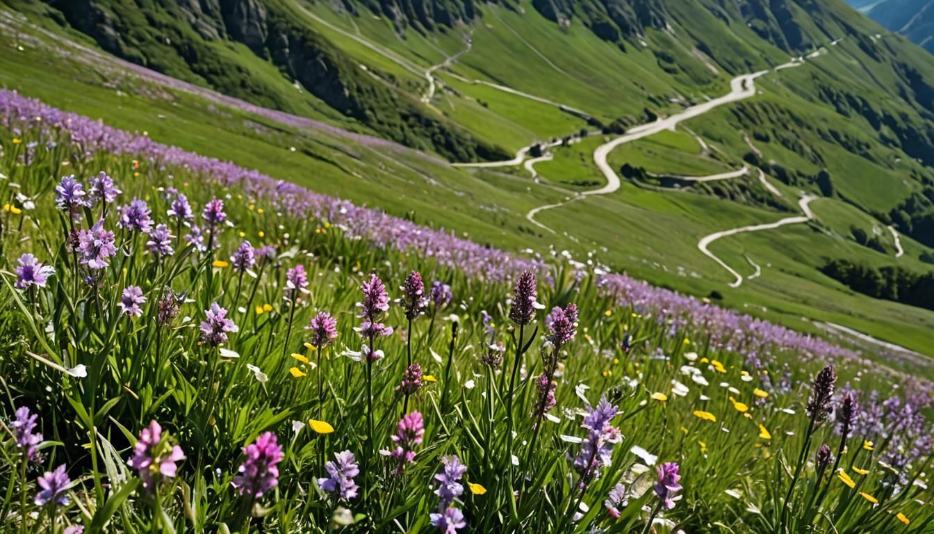 un sentier bordé de fleurs sauvages dans un paysage magnifiq...