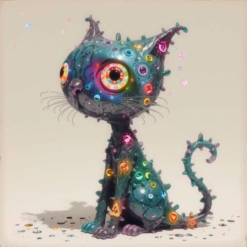 Sugar Sculpted Cat in Whimsical Manga Style
This image depicts a vibrant, translucent cat crafted from pulled sugar, with delicate features ...