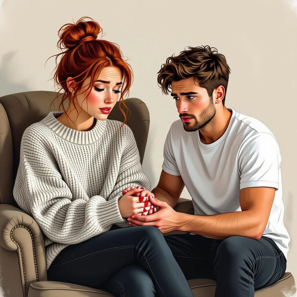 Worried Man Comforts Woman: Charcoal Drawing