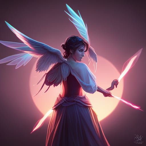 A female night with transparent wings flying from her back