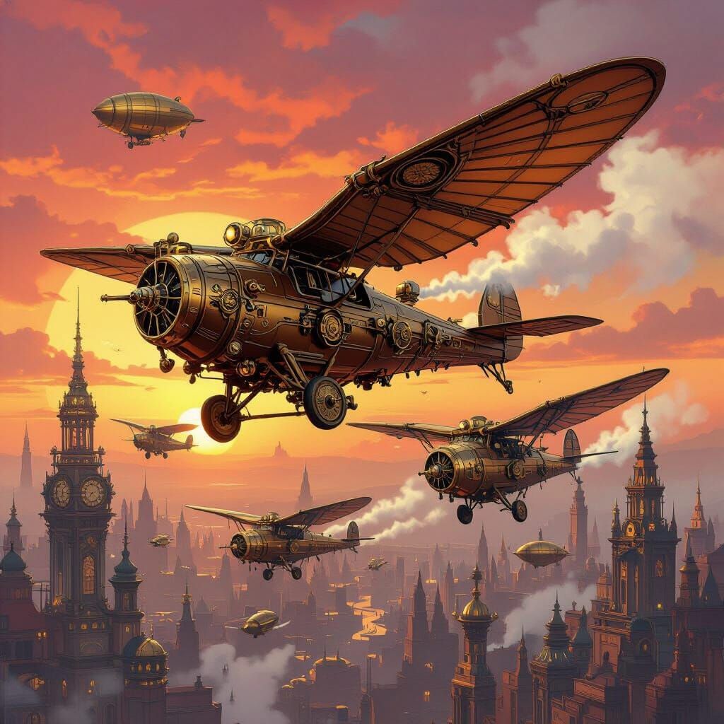 A squadron of steampunk ornithopters soars through a crimson sunset above a sprawling metropolis of clockwork ...  by @Shamil
