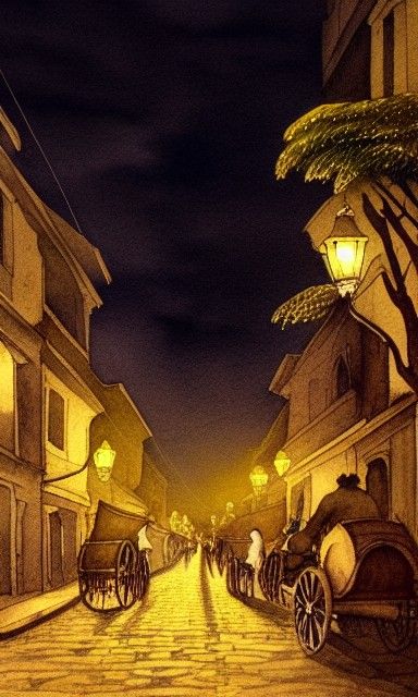 An Intramuros, Manila street in the 1800s, peaceful, night t...