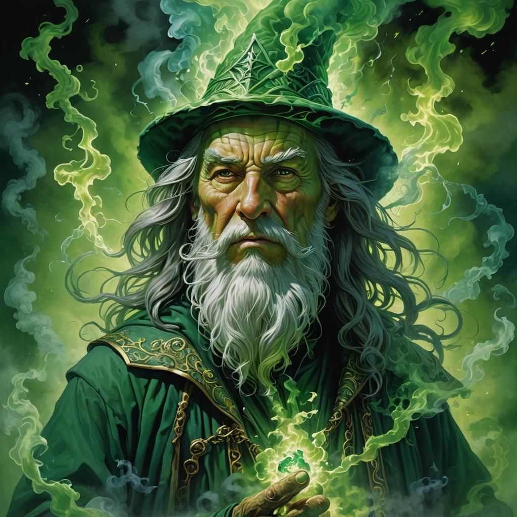 wizard surrounded by green smoke and green magical electric energy and ...