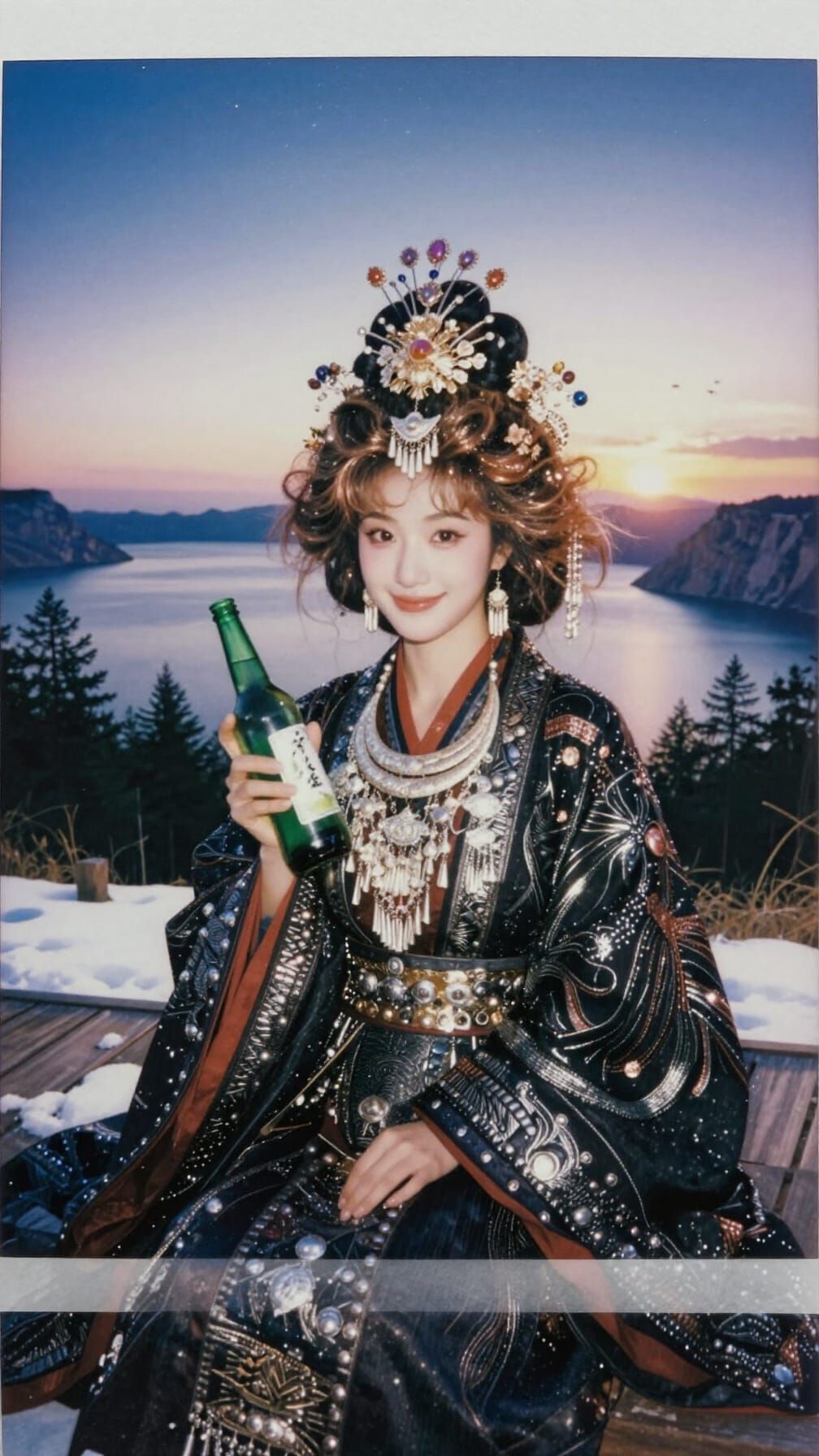 Portrait Date with Cute Chinese goddess with big, floofy hair, and a catching soft smile holding a green bottle. Dressed...