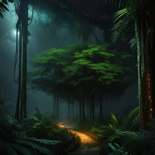 Jungle canopy at night, rainstorm
