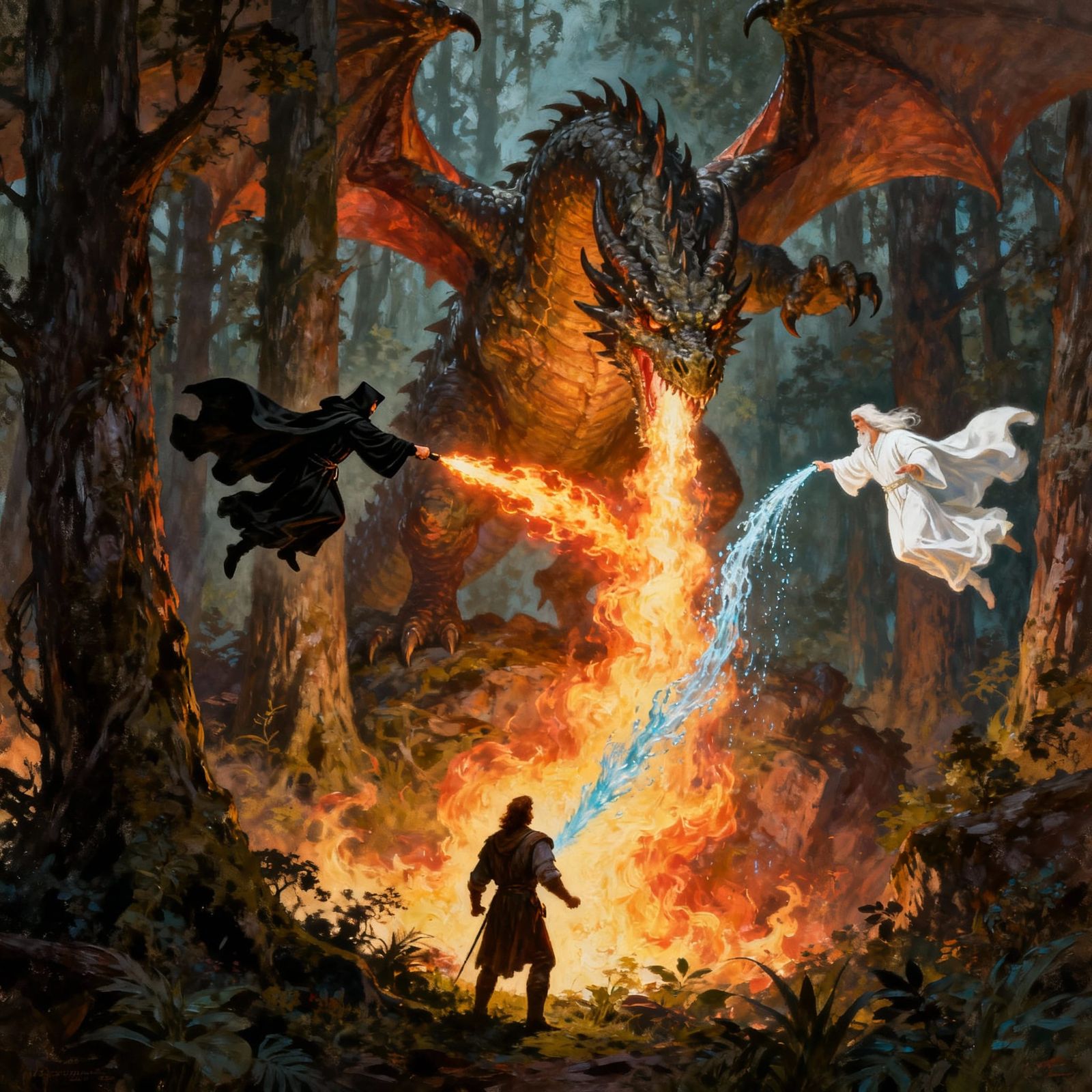 Fantasy Wizards Battle Dragon, Saving Human in Forest