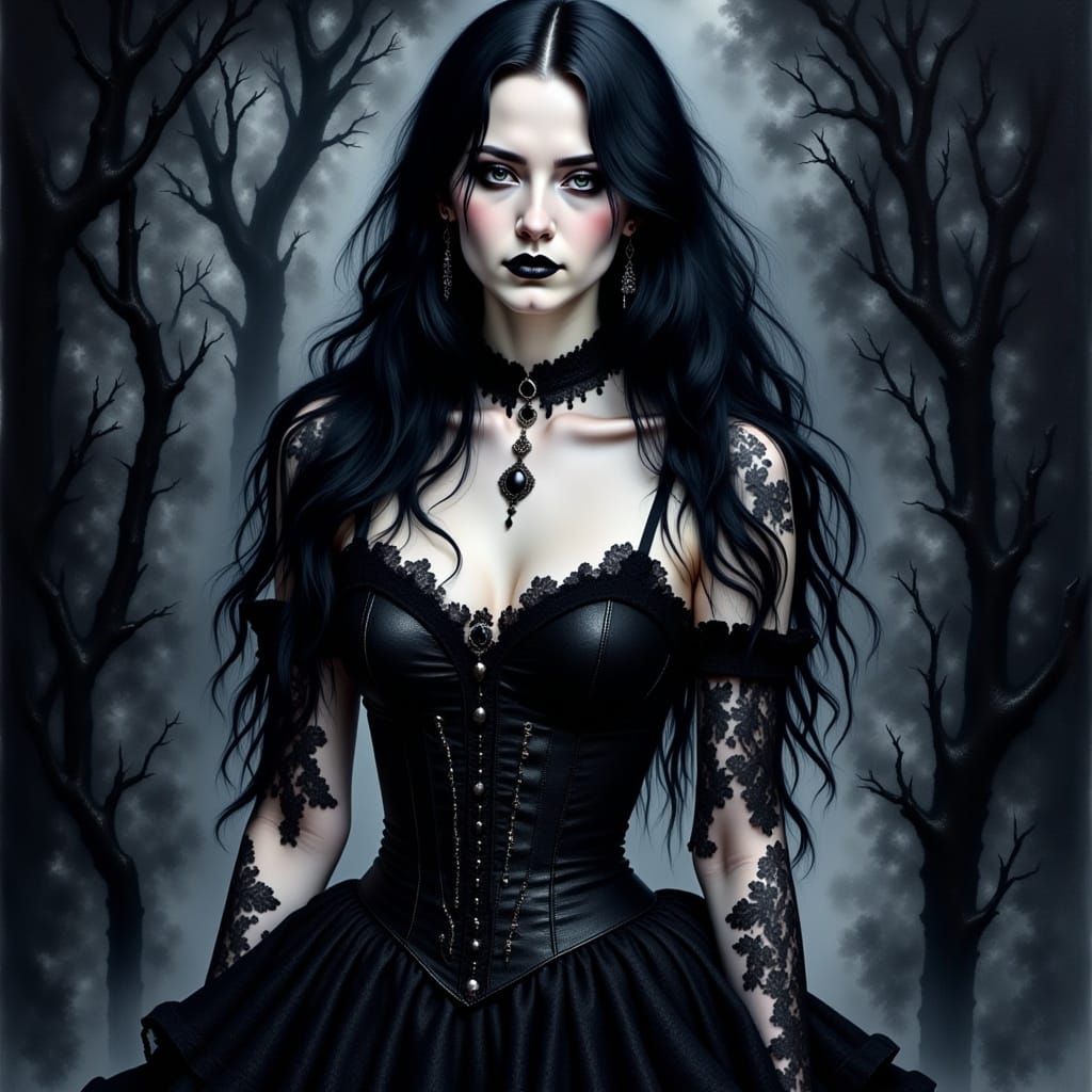 <lora:Gothic Intensity:1.0> Watercolor oil painting, young goth woman with black make up goth jewelry, leather dress, dark night background,...