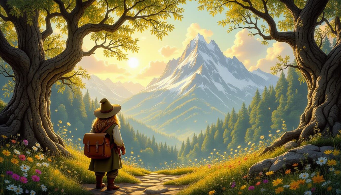 A hobbit stands of a vast, sunlit forest, the trees stretching as far as the eye can see, their leaves shimmering with an otherworldly glow....