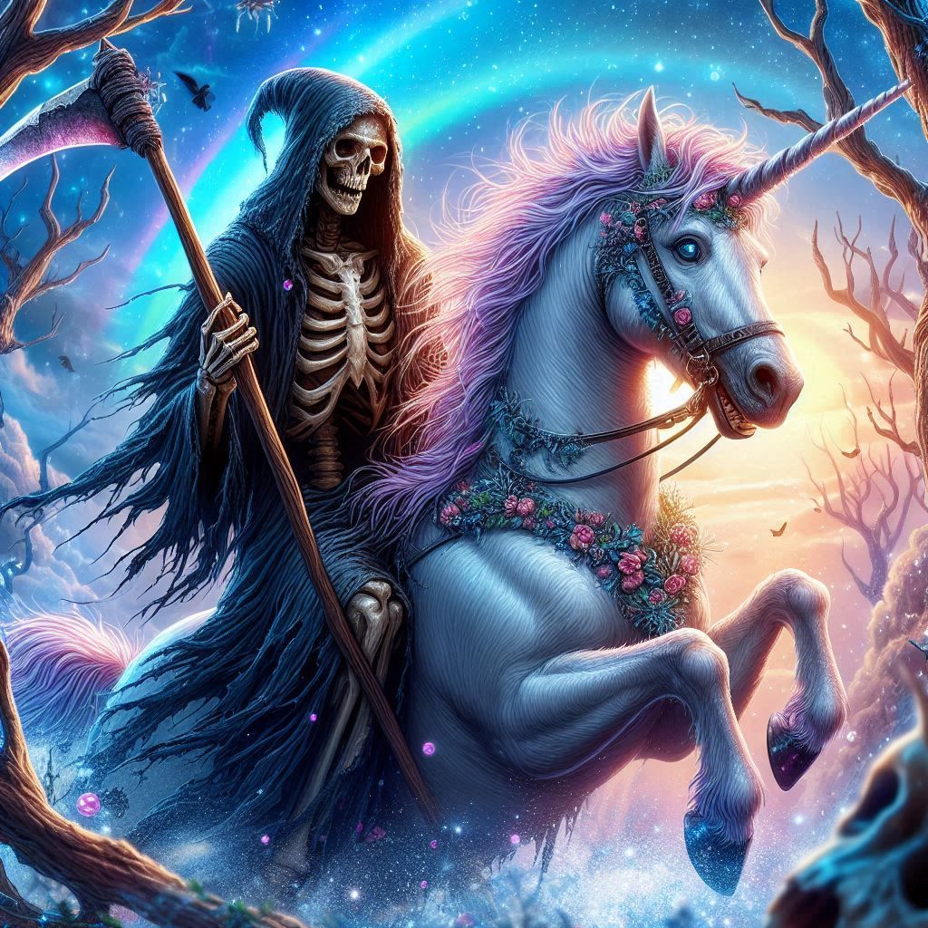 The Grim Reaper riding his magic unicorn