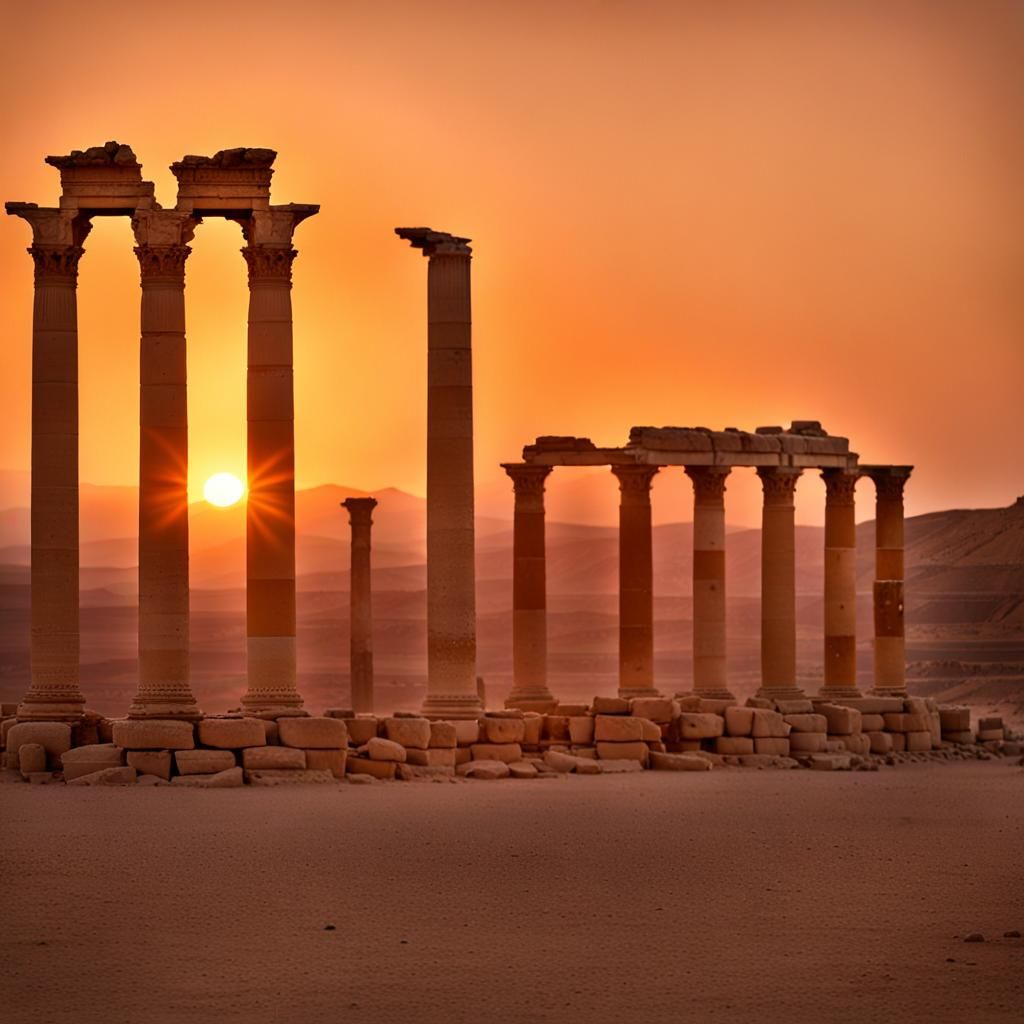 Ancient ruins, Sunset on desert, Palmyra Syria