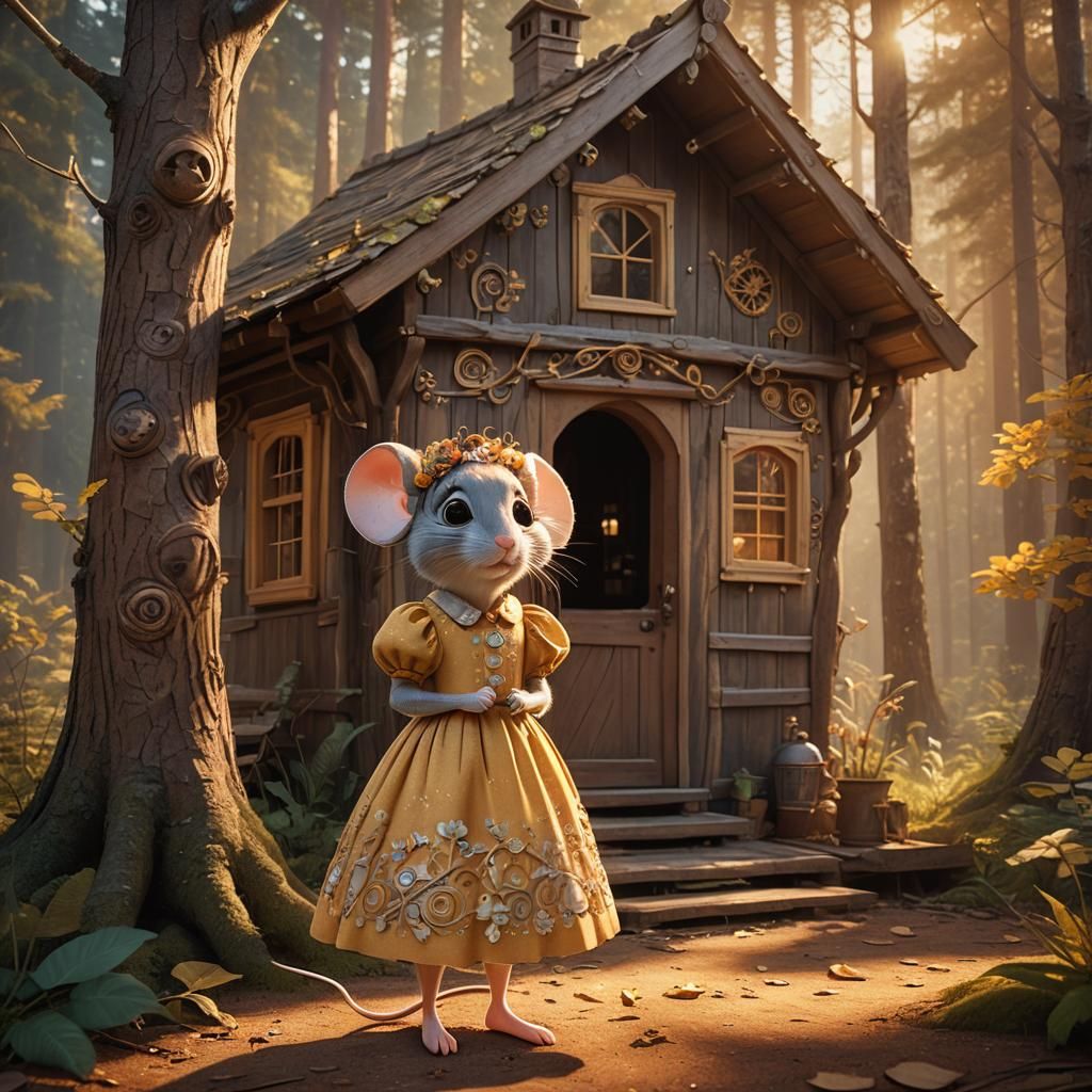 Mouse in Dress Beside Cabin: Fantasy Matte Painting