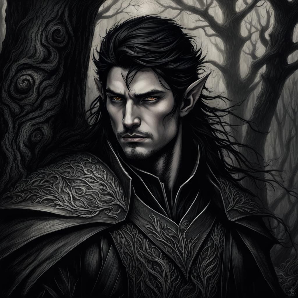 Male Elf, Pointy Ears, Long Flowing Black Hair, Amber Eyes, Fair 