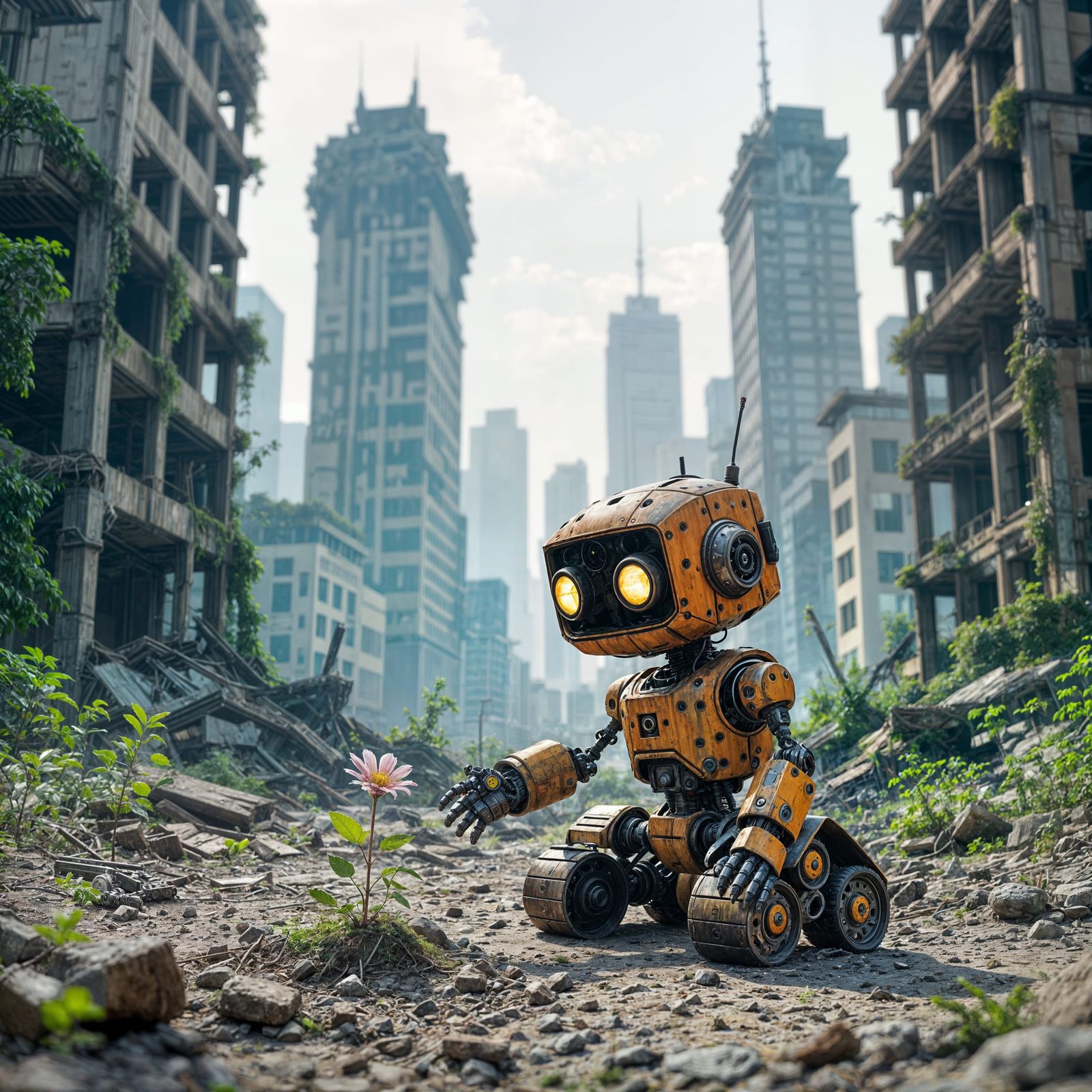 Robot Finds Last Flower in Ruined City