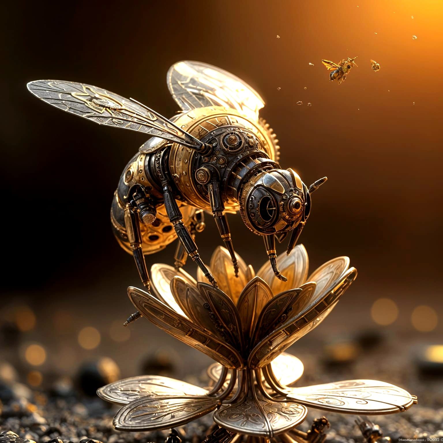 A steampunk biomechanical bee pollinating a metal flower.  by @Physarium