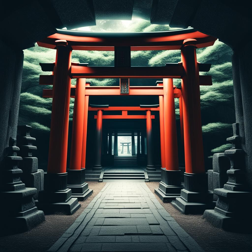 Eerie liminal space type dark tunnel with a Torii gate at th...