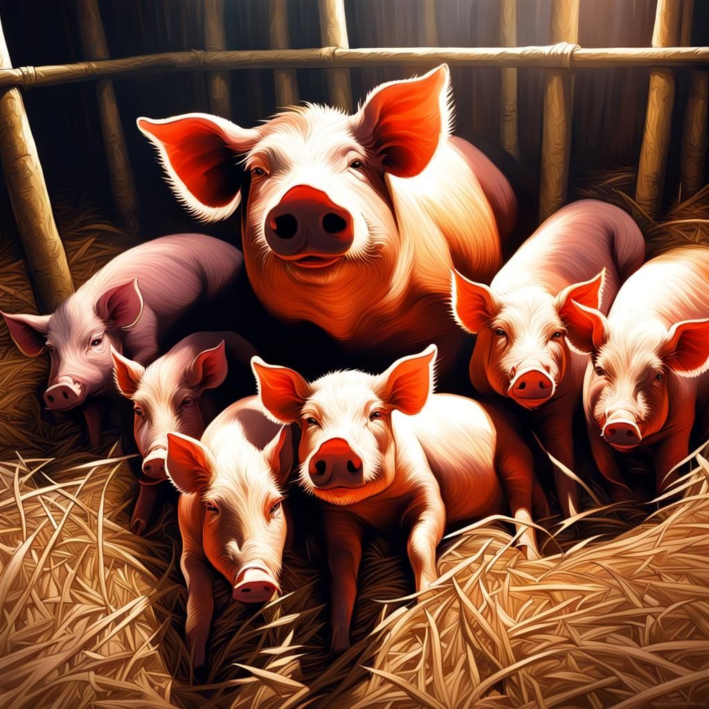 A realistic "Duroc Sow" lying on her side nursing her litter of 10 piglets in a straw filled pen  by @DecloDee