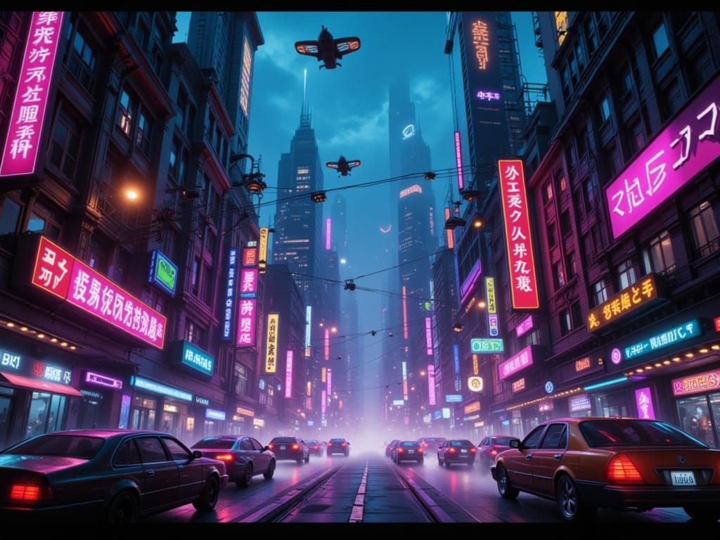 <lora:Shyvibes:1.0>  Cinematic film still. Ultra-wide shot. A futuristic cyberpunk city skyline at night features dense skyscrapers and flyi...