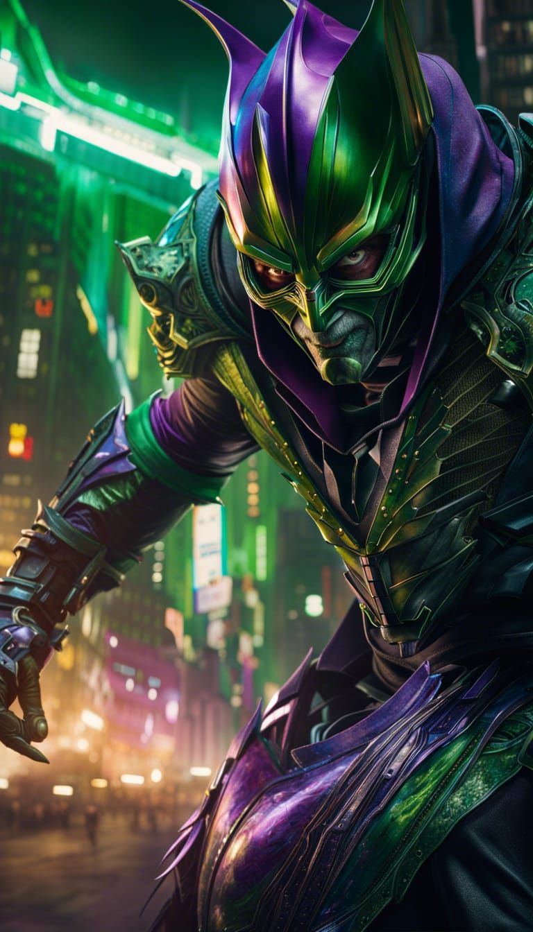 cinematic full body portrait of a villain wearing green gobl...