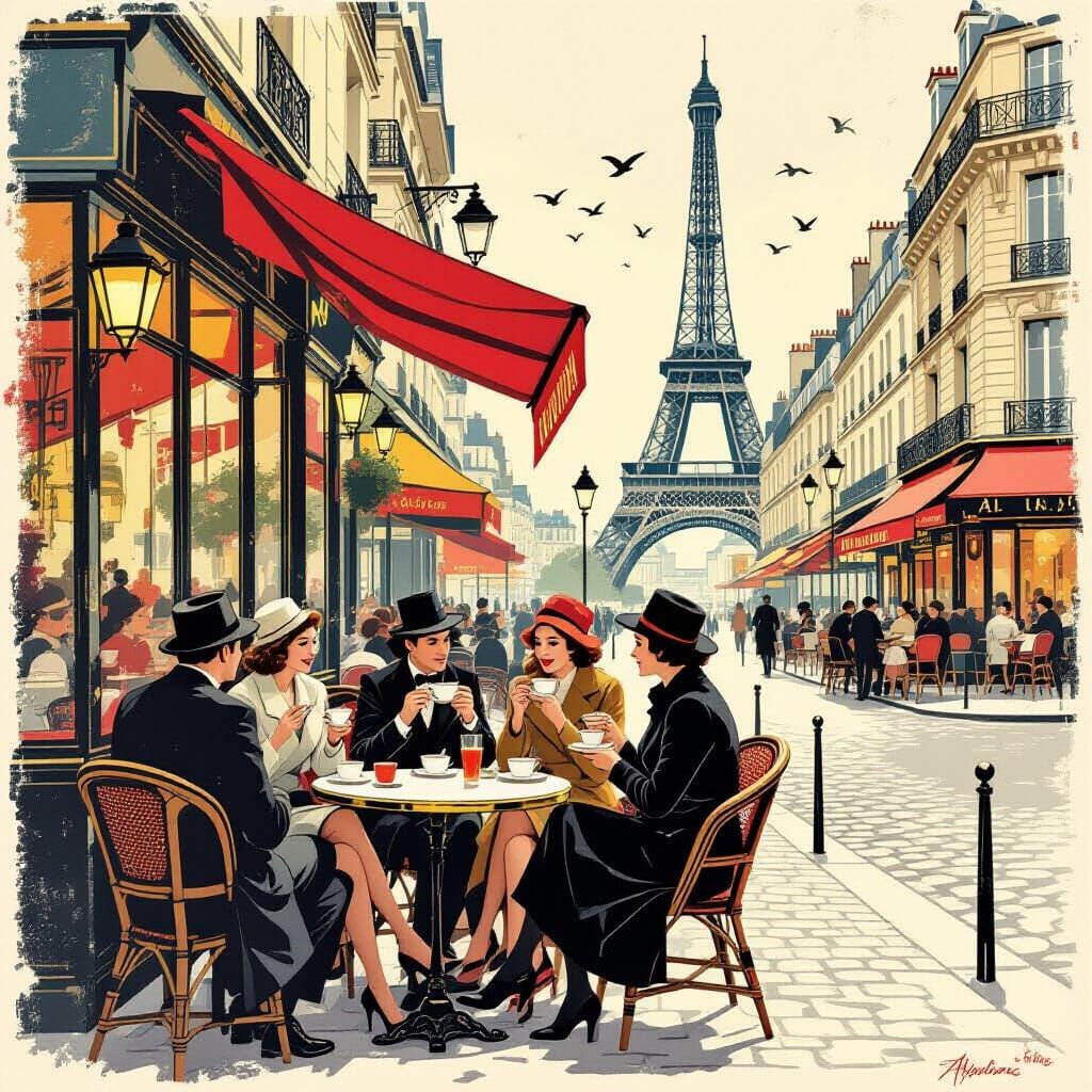 A whimsical scene of a bustling 1930s Parisian street cafe, rendered in the style of a vintage travel ...  by @Momagirl
