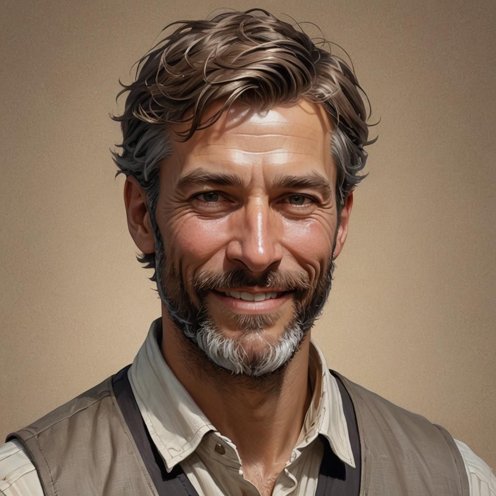 French white man, 44, light brown short hair, 6 feet tall, fit body, small  salt and pepper beard, brown eyes, smiling - AI Generated Artwork -  NightCafe Creator