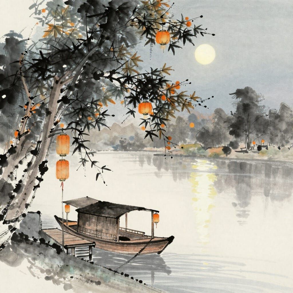 Tranquil Night Riverside Scene with Maple Trees and Lanterns