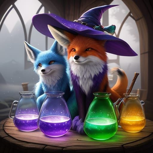 Cute Foxes Brewing Potion in Whimsical Cartoon Style