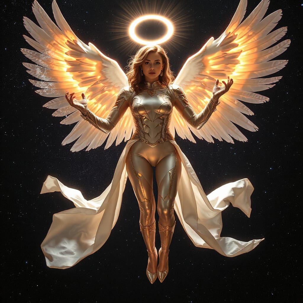 A breathtaking spacewoman, embodying divine sensuality and cosmic grace, floats weightlessly in deep space. She is both ...