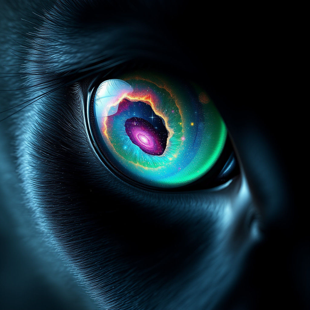 a close up of a black panthers eyes,with the galaxy embedded...