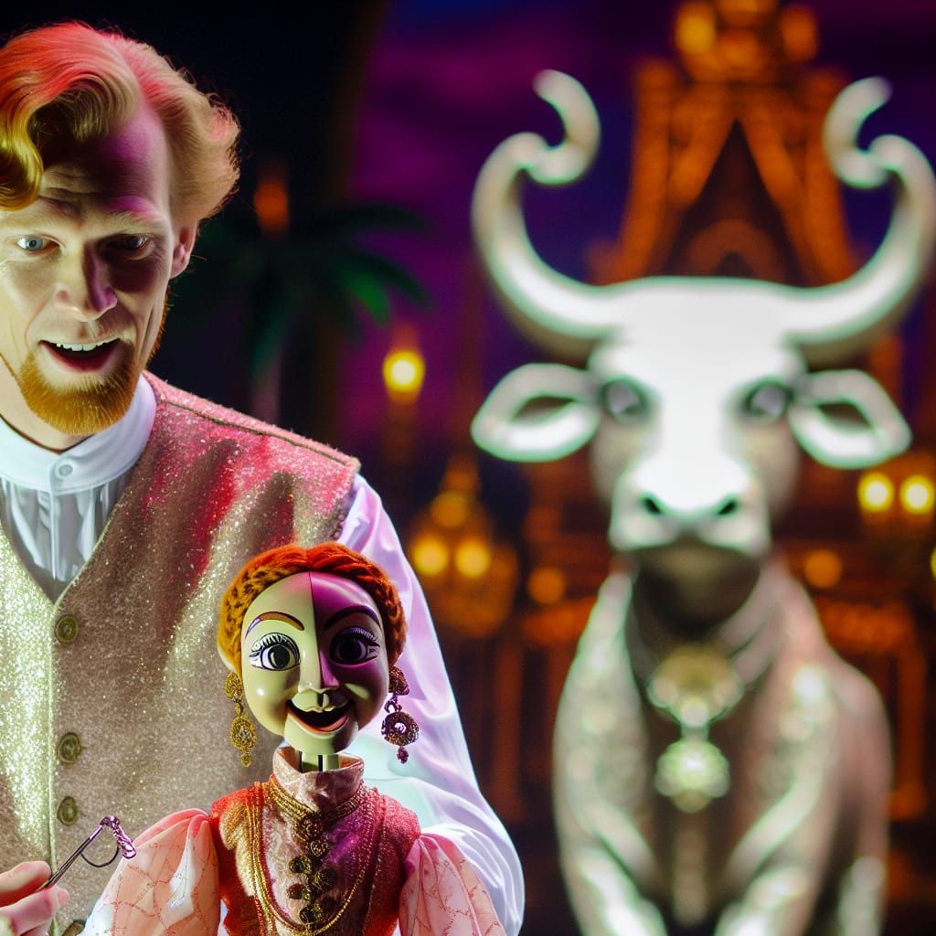 A captivating scene of a skilled tall male ginger puppeteer ...