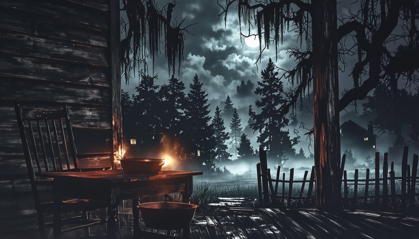 Southern Gothic horror landscape at night, weathered wooden porch in foreground with cast iron skillet on old wooden table, empty rocking ch...