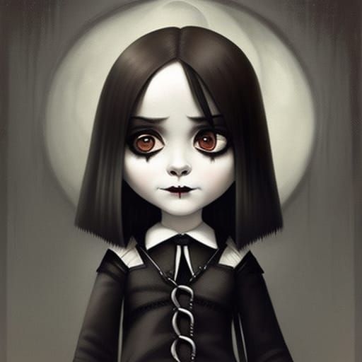 Chibi Gothic Wednesday Addams in Cemetery