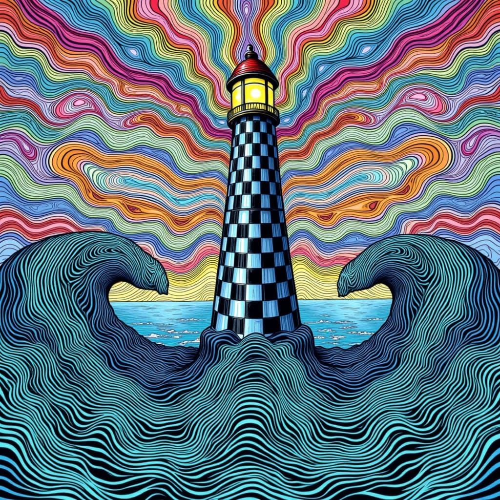 <lora:Playful Patterns:1.0> Colorful surreal seascape with a <blue and green checkerboard patterned lighthouse> in a <B/W fingerprint patter...