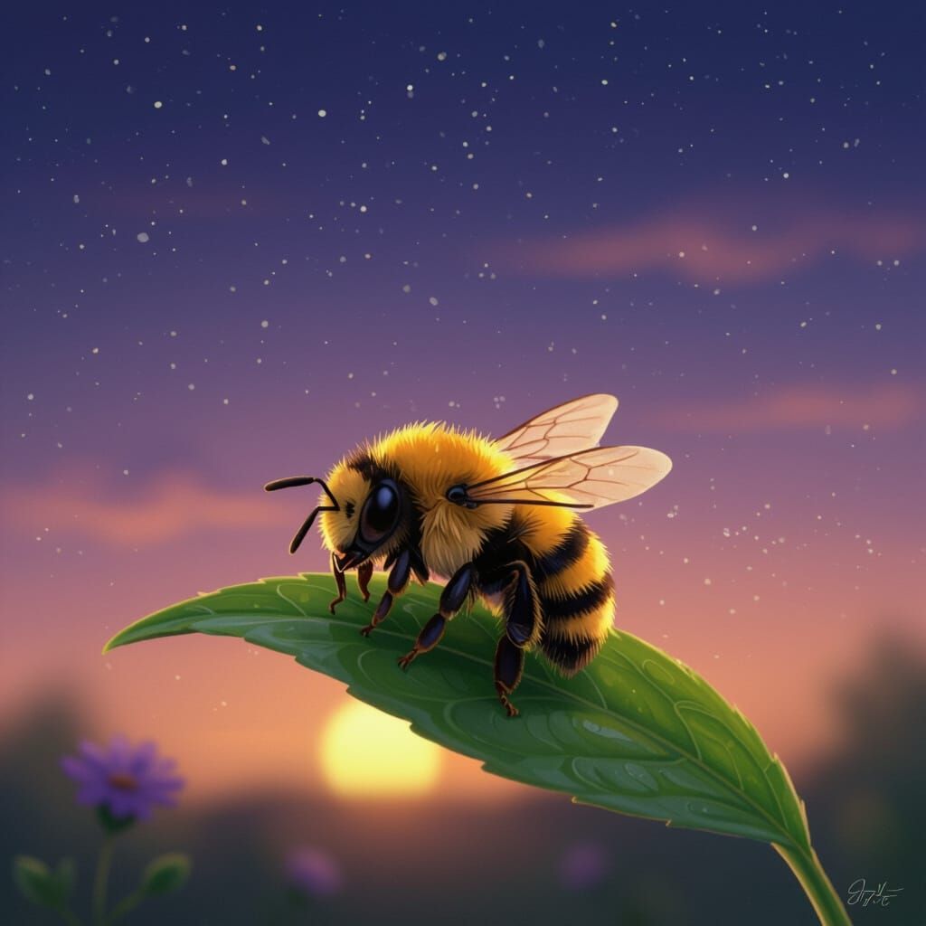Lonely Bee on a Leaf at Sunset