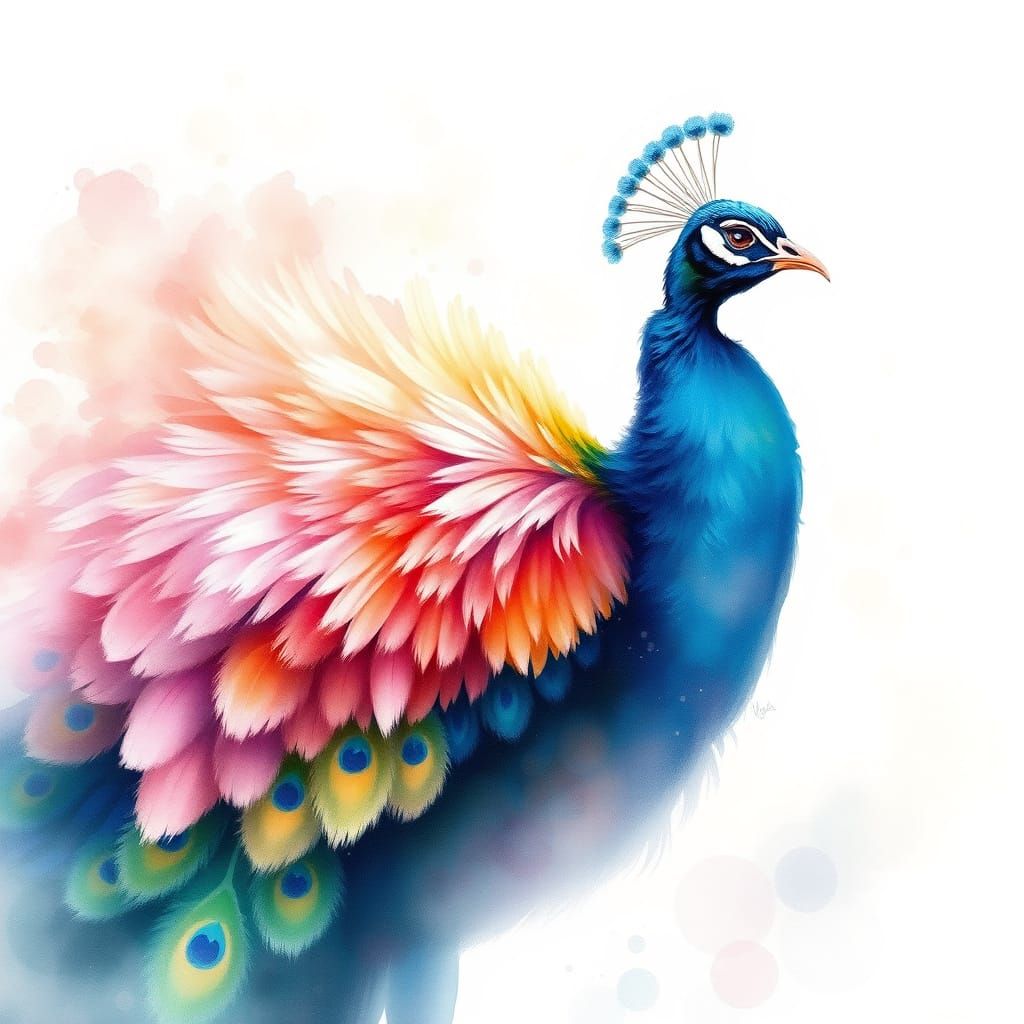 Dreamlike wet-on-wet watercolor with airy washes and soft drips in a soft pastel winter palette. A fluffy peacock fills the frame with color...