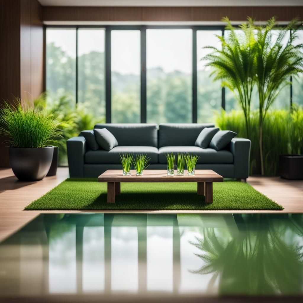 Living Room with Green Plants & Dark Teal Couch Background (...