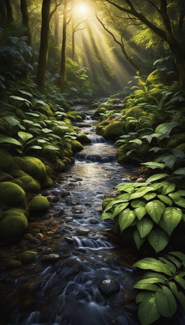 A dense forest during a summer rainstorm, with sunlight filtering through the trees and illuminating the raindrops. The forest floor is cove...