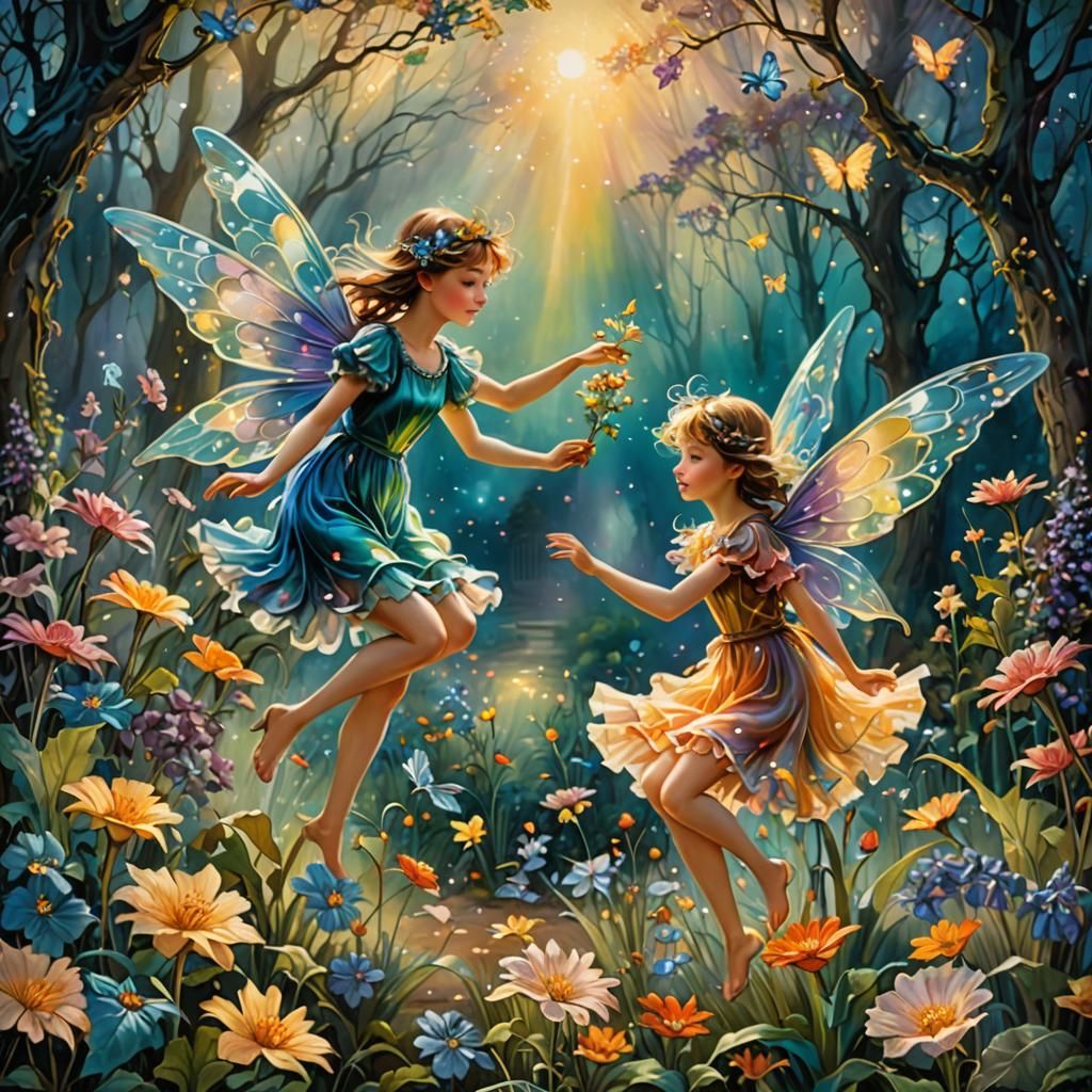 Magical Fairies in Whimsical Garden as Oil Painting