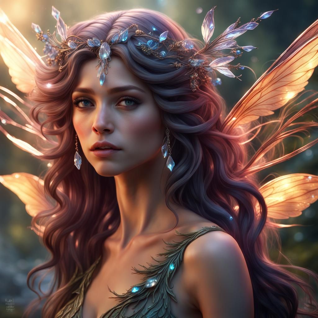 Beautiful Fairy With Flowing Hair And Crystal Wings - Ai Generated 