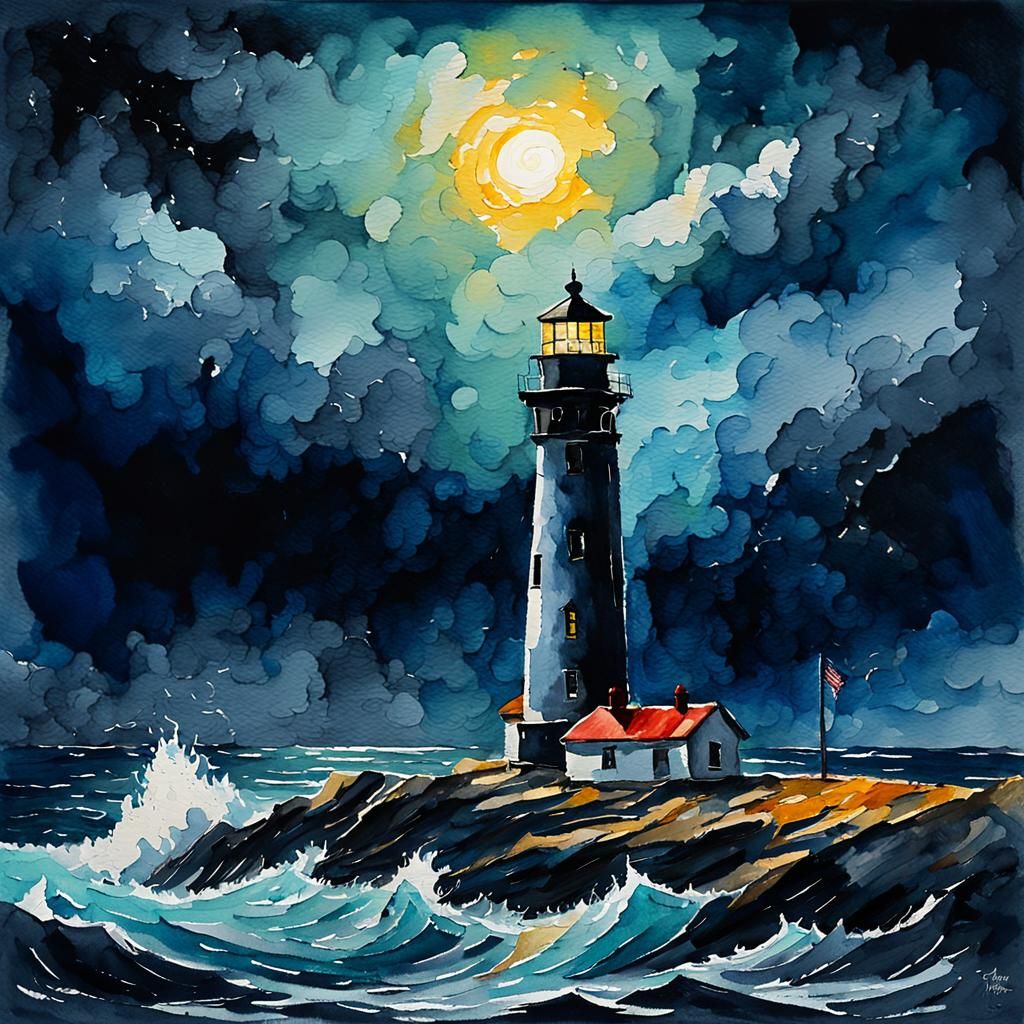 The lighthouse in the middle of the storm of the night in the style of Dark & Moody Watercolor Art  by @AK Styles
