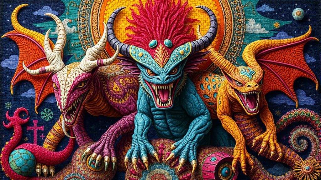 Woven Tapestry Surrealism Fantastical Creatures in Vibrant Color Schemes  by @undefined