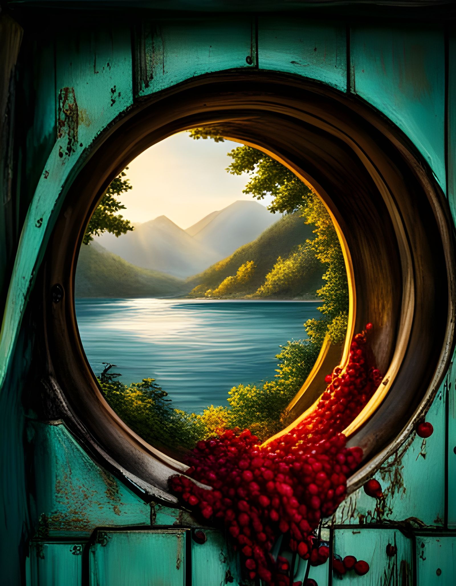 Cabin porthole near the lake  by @Vector Sigma