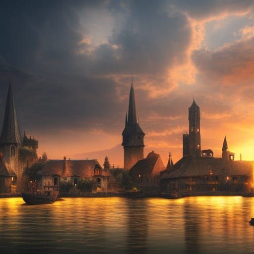 Medieval village skyline across the water at sunset