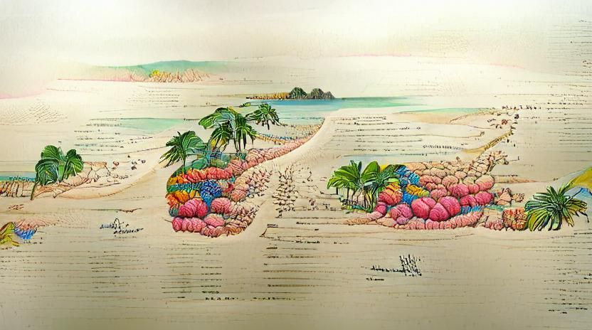 Detailed colored ink on paper, illustration of a tropical paradise beach