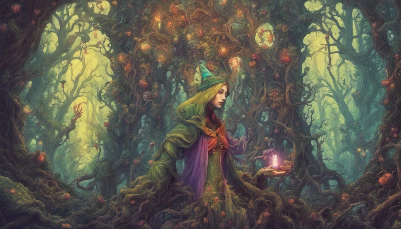 a psychedelic elf selfie in an old fantasy forest, gothic fa...