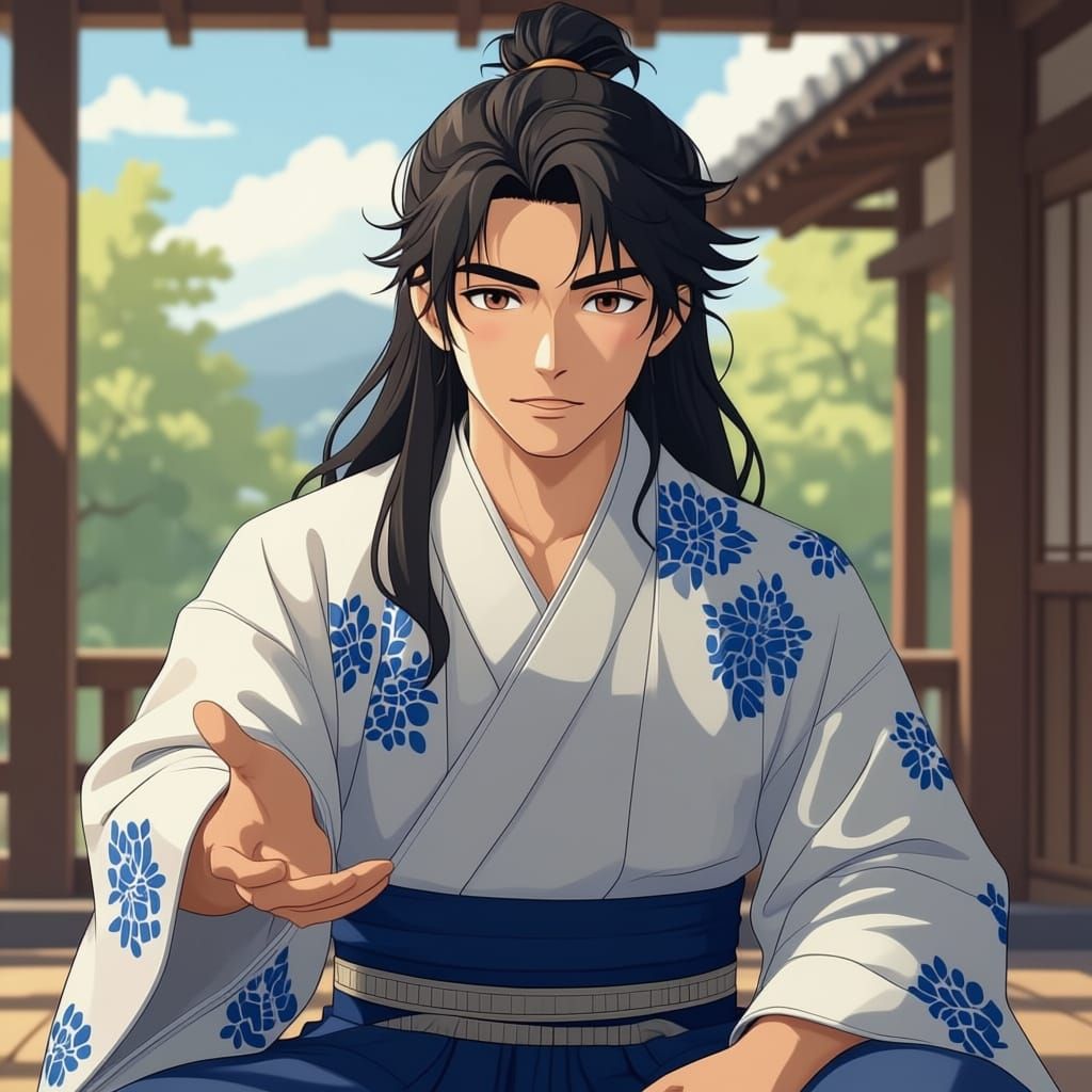 Portrait of a young handsome Japanese man of old feudal Japan, wearing a white Kimono with blue pattern. He is playing a Biwa and has an all...